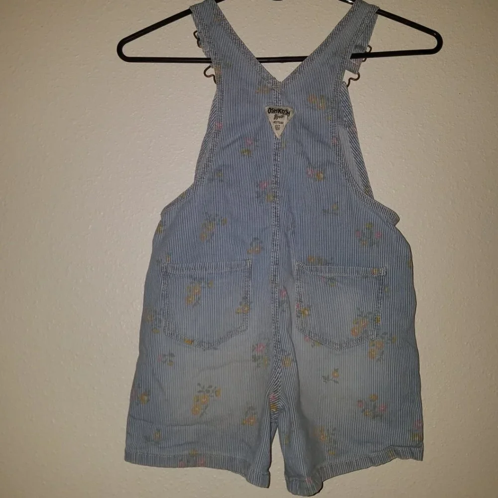 VTG OshKosh Floral Shortalls 5T Toddler Girl Shorts Overalls Blue Stripes FADING
